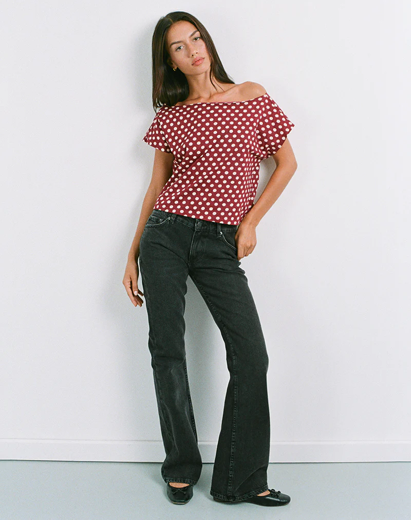 Balia Asymmetric Short Sleeve Top in Polka Wine - Image 4