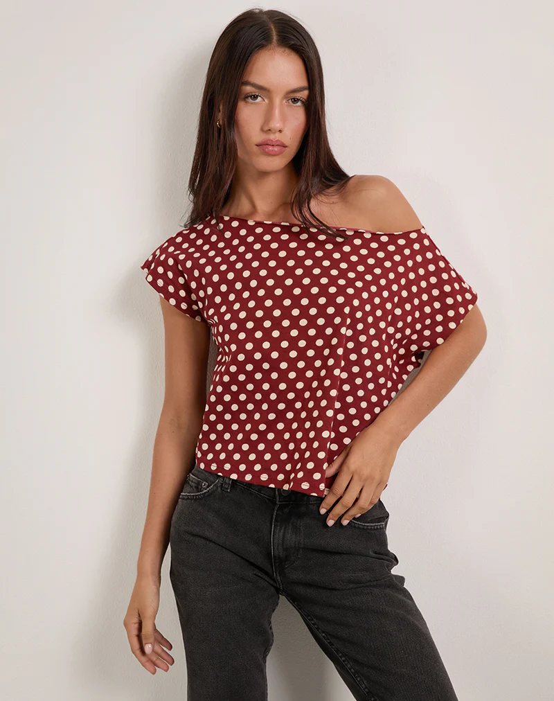 Balia Asymmetric Short Sleeve Top in Polka Wine - Image 5