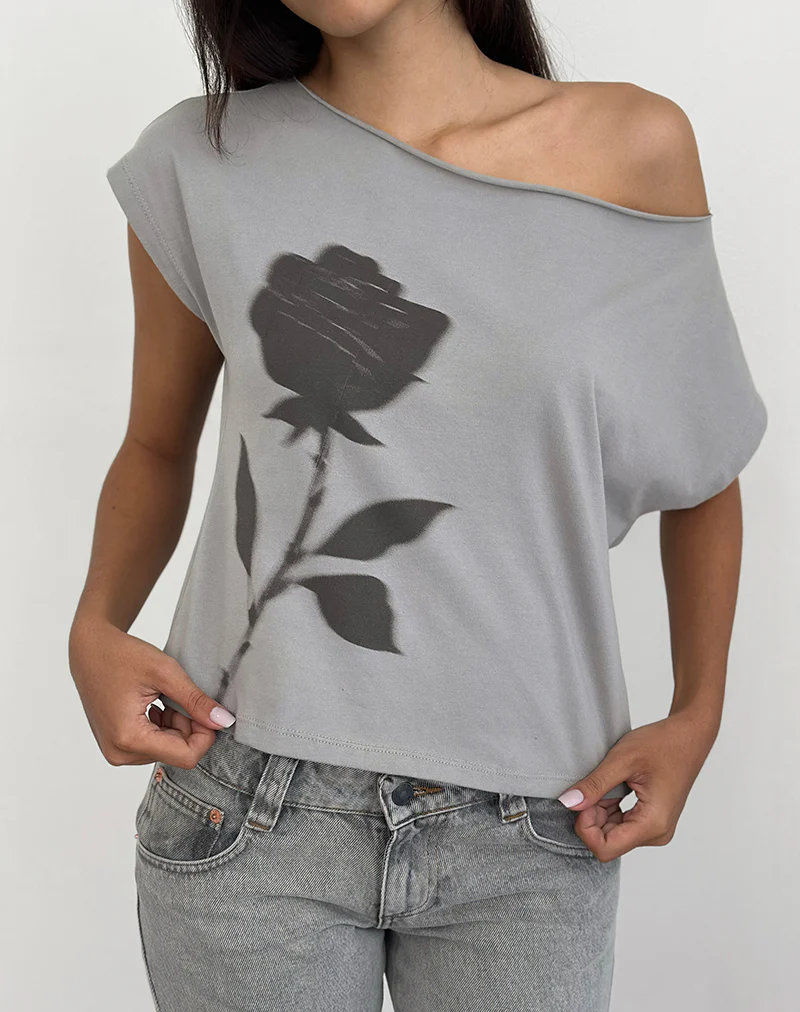 Balia Asymmetric Short Sleeve Basic Top in Grey with Blurred Rose Print