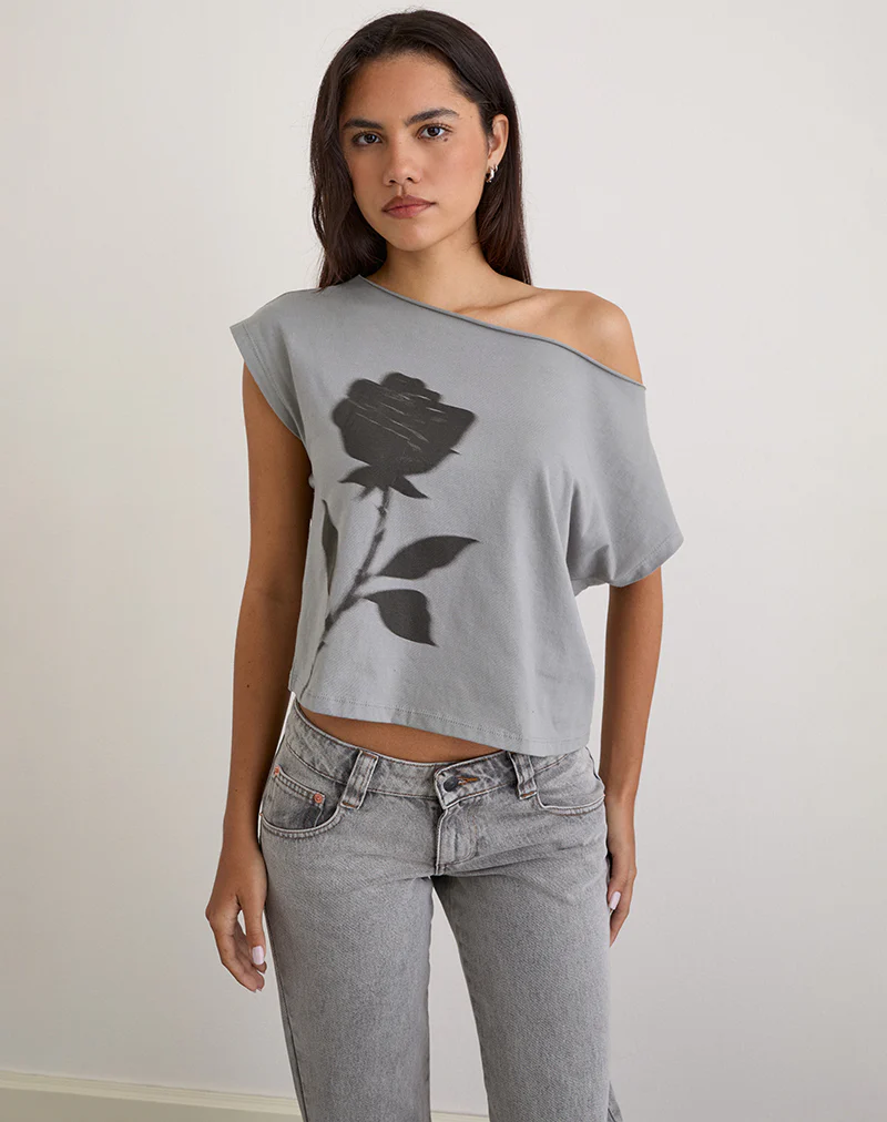 Balia Asymmetric Short Sleeve Basic Top in Grey with Blurred Rose Print - Image 2