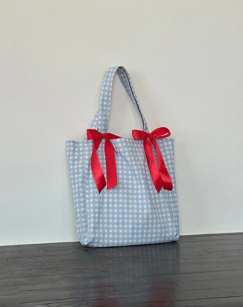 Barbara Tote Bag in Blue Gingham with Red Bow - Image 2