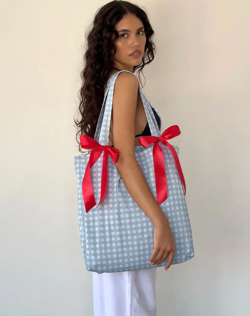 Barbara Tote Bag in Blue Gingham with Red Bow - Image 3