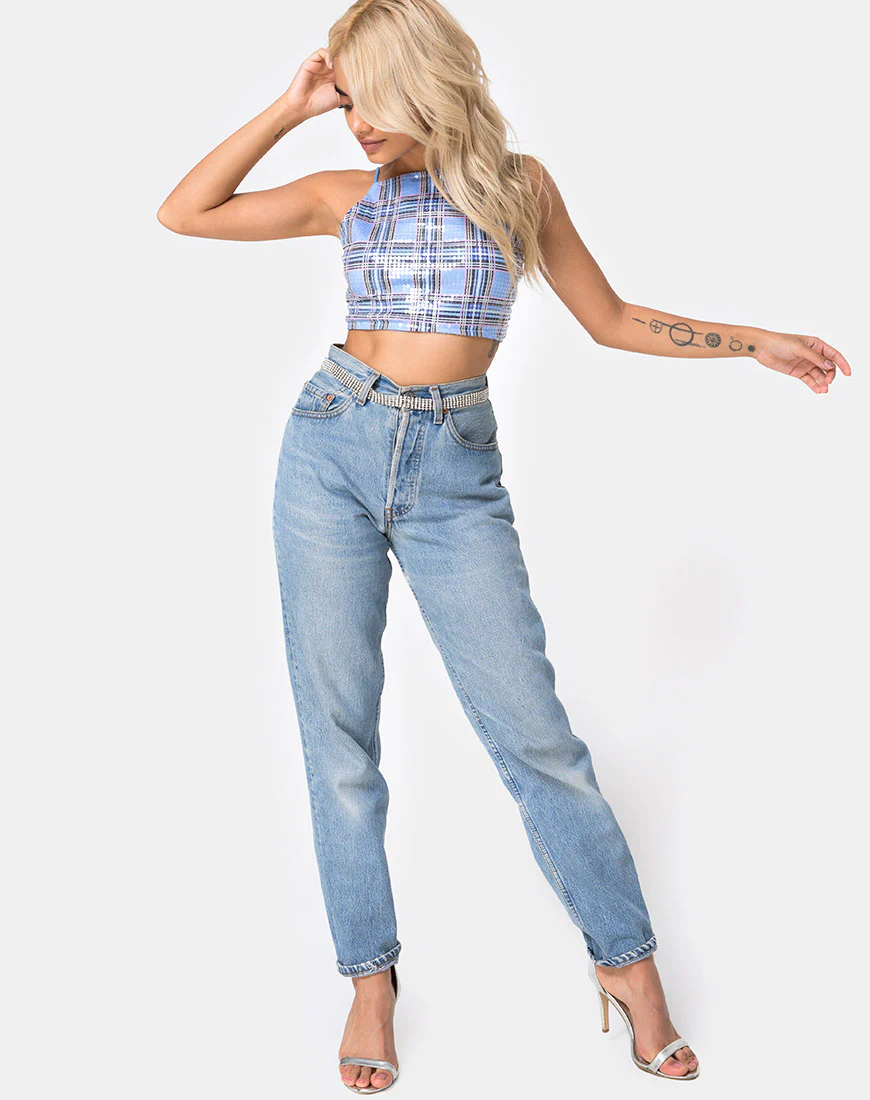 Barilla Crop Top in 90's Check with Clear Sequin - Image 4
