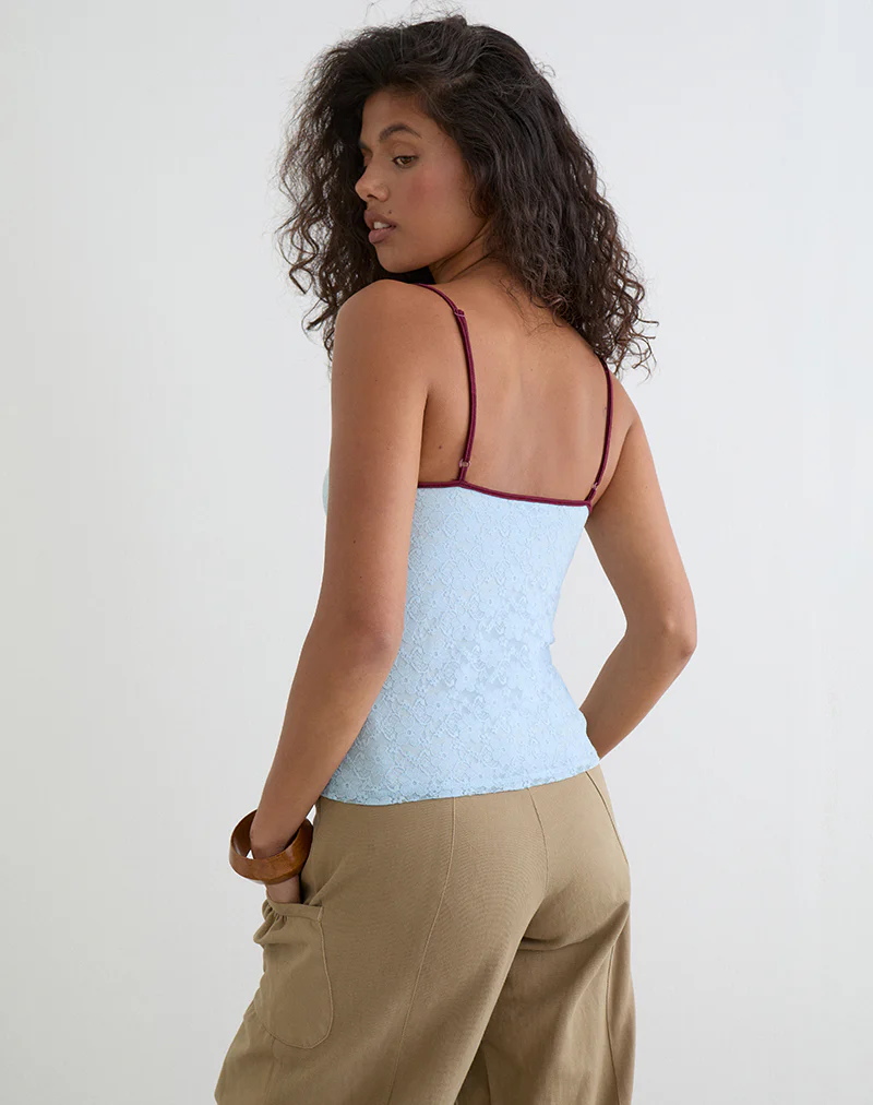 Barlyn Cami Top in Lace Turquoise with Burgundy Binding - Image 4