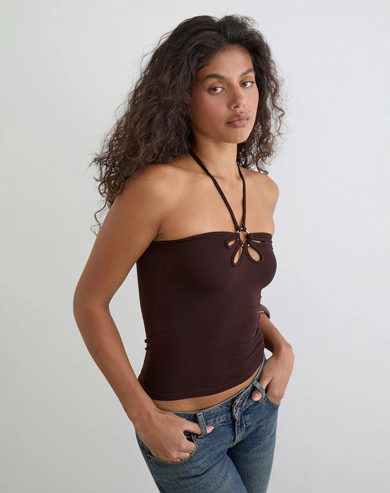 Baya Halterneck Top with Flower Ring in Bitter Chocolate - Image 2