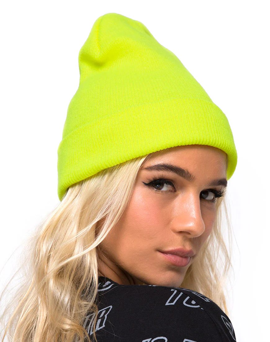 Beanie Hat in Highlighter Yellow - Image 2