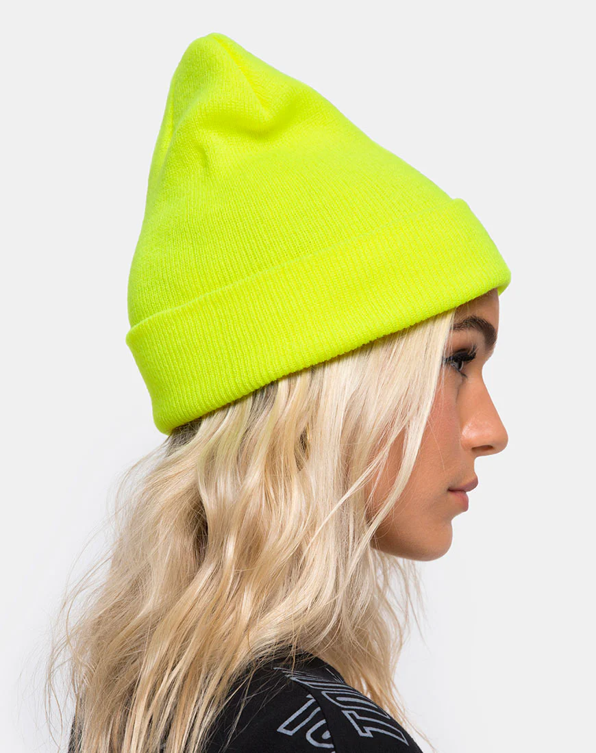 Beanie Hat in Highlighter Yellow - Image 3