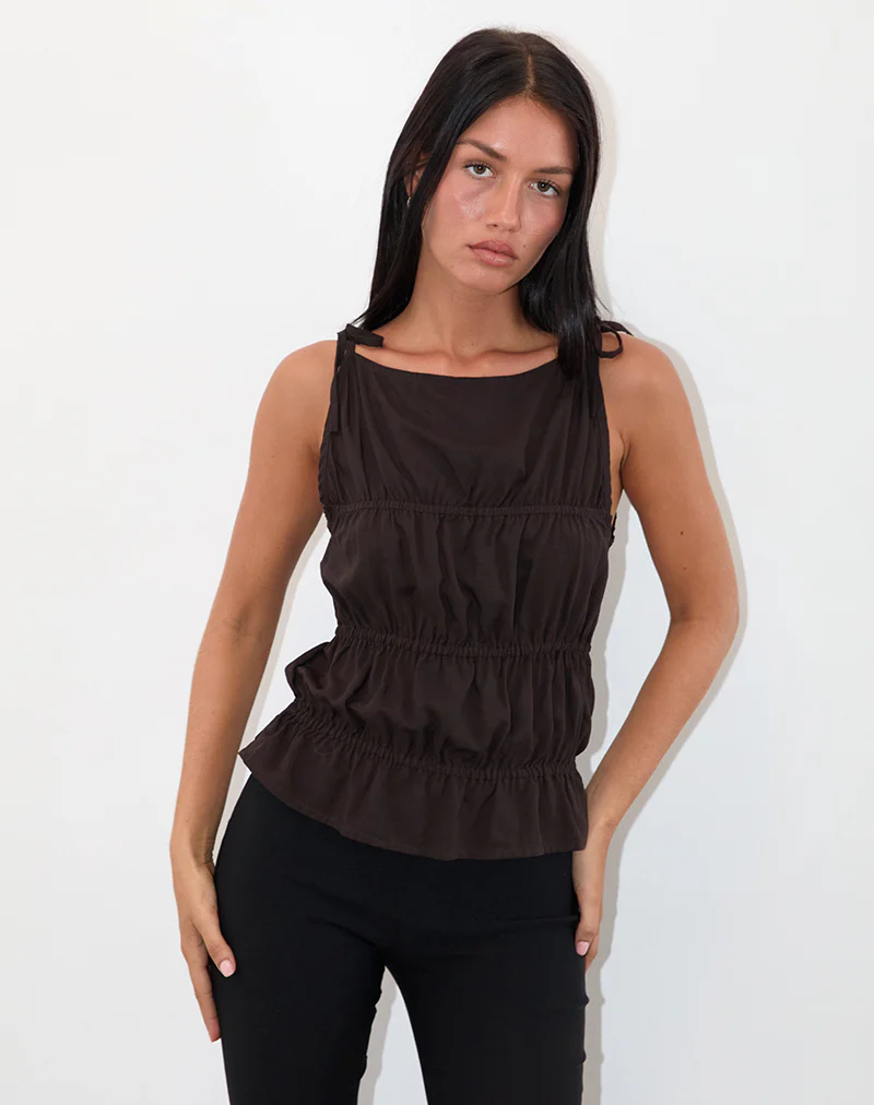 Beck Ruched Tie Strap Top in Bitter Chocolate - Image 3