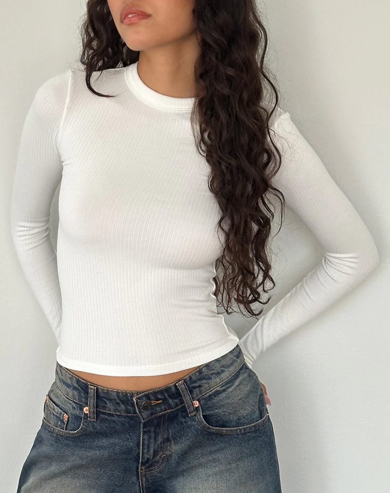 Beech Ribbed Long Sleeve Top in Off White - Image 2
