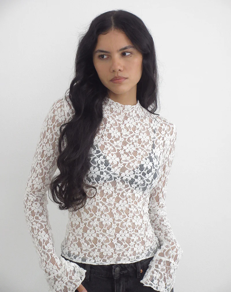 Beerus Long Sleeve Mock Neck Top in Lace Ivory - Image 3