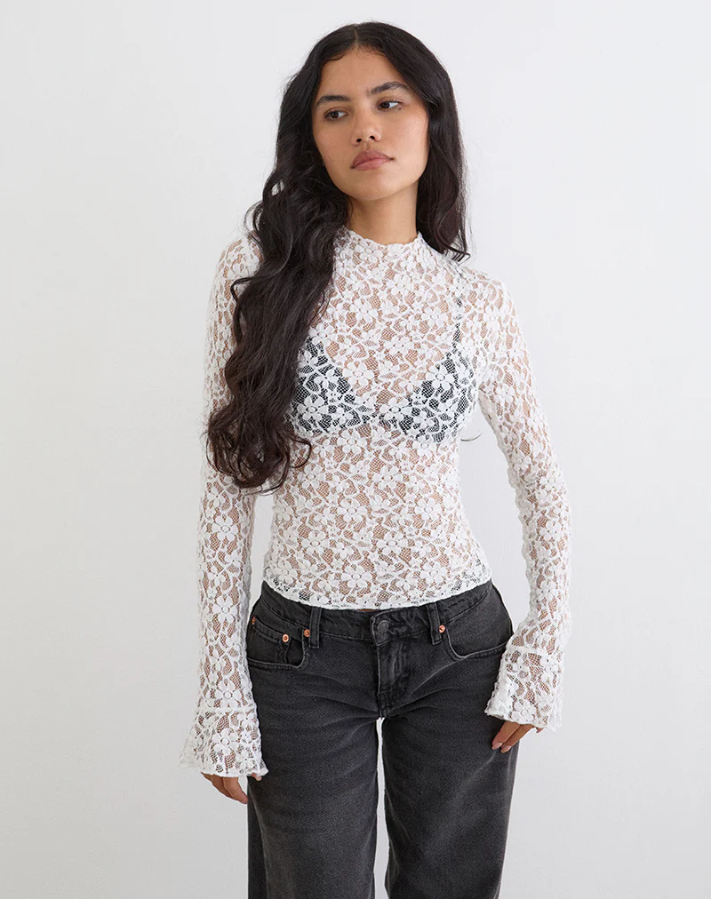 Beerus Long Sleeve Mock Neck Top in Lace Ivory - Image 5
