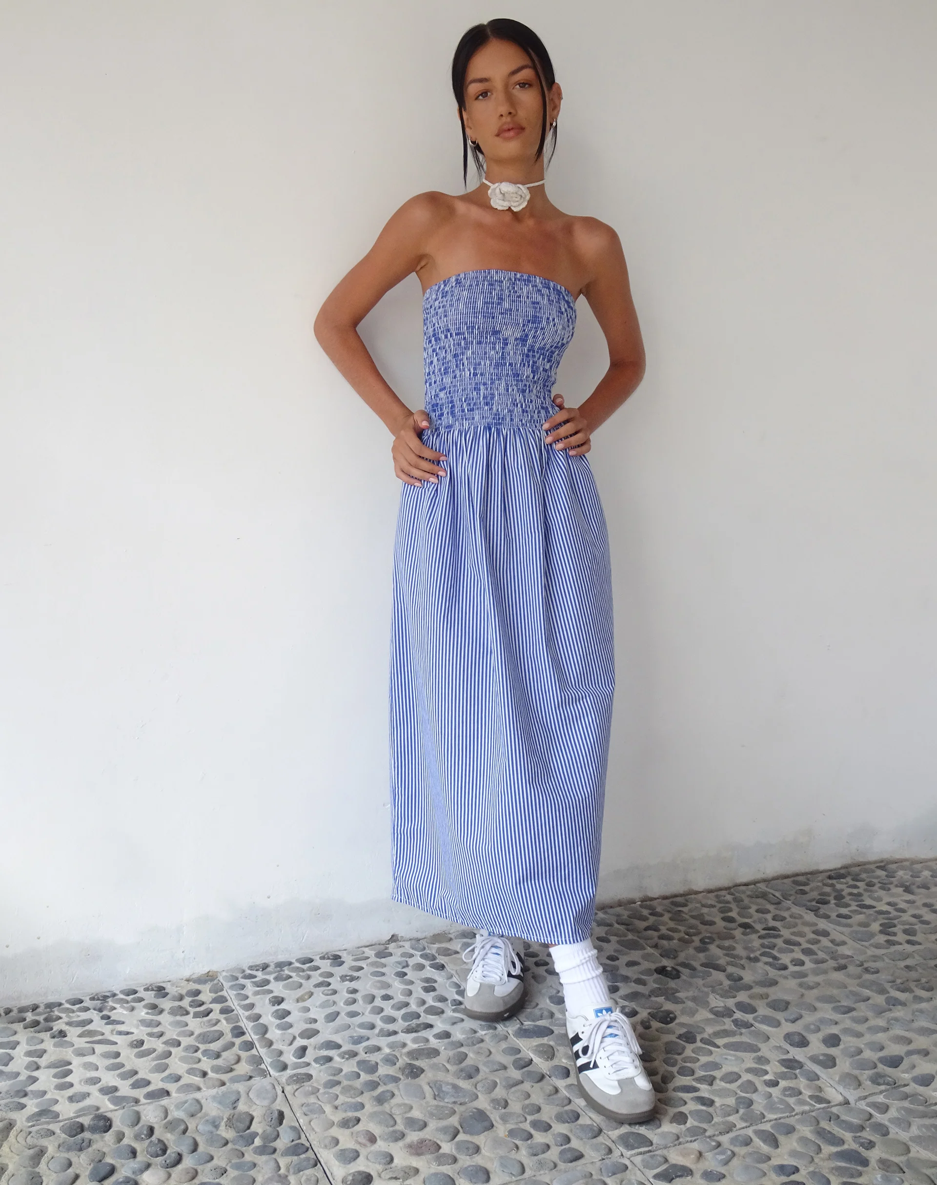 MOTEL X JACQUIE Beleame Bandeau Midaxi Dress in a Blue Striped Poplin - Image 5