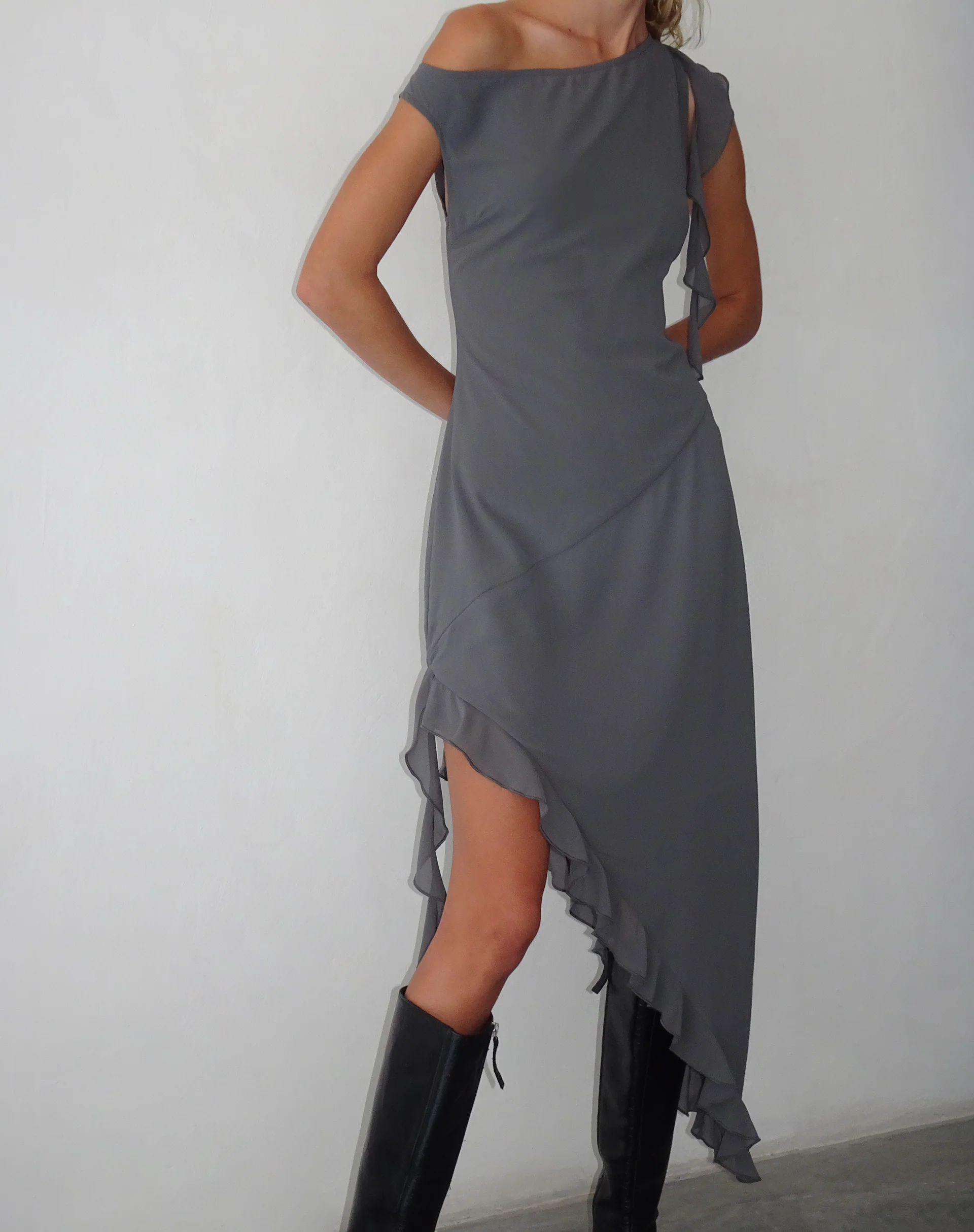 Beleri Ruffle Asymmetric Dress in Grey Chiffon - Image 3