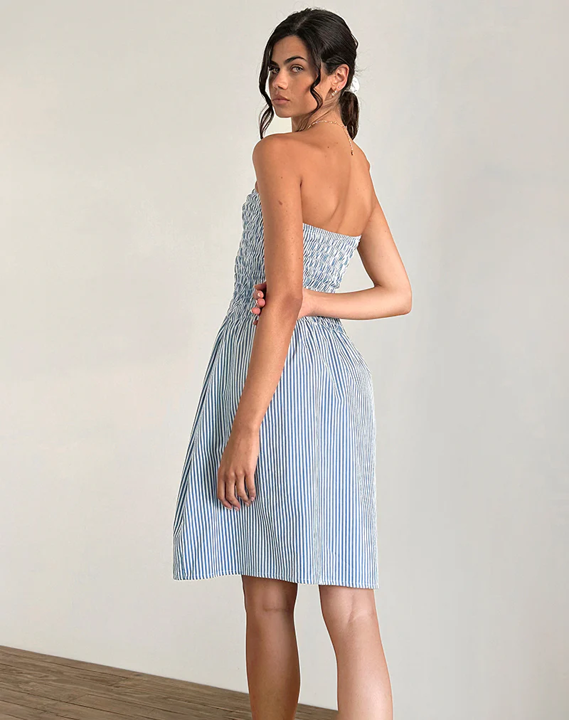 Belesi Midi Dress in Blue Small Vertical Stripe - Image 3