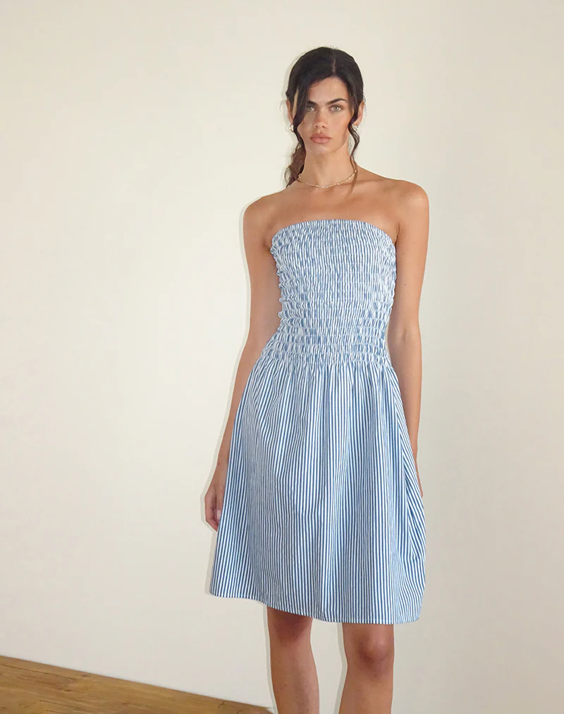Belesi Midi Dress in Blue Small Vertical Stripe - Image 5