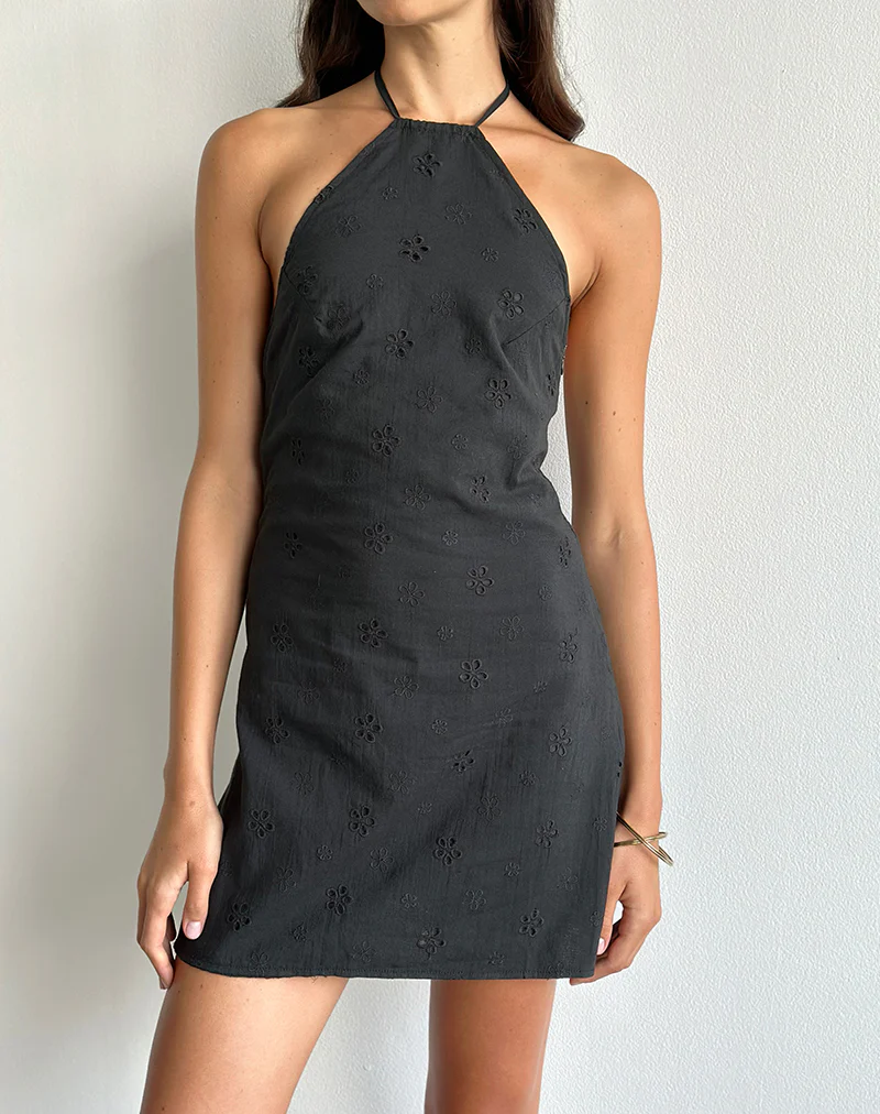 Belinda Mini Dress in Flower Broderie Black - Image 2