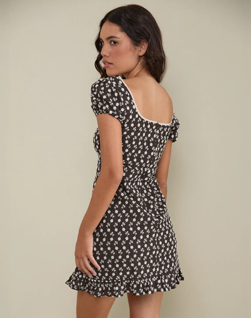 Bella Mini Tea Dress in Floral Broderie Brown - Image 2