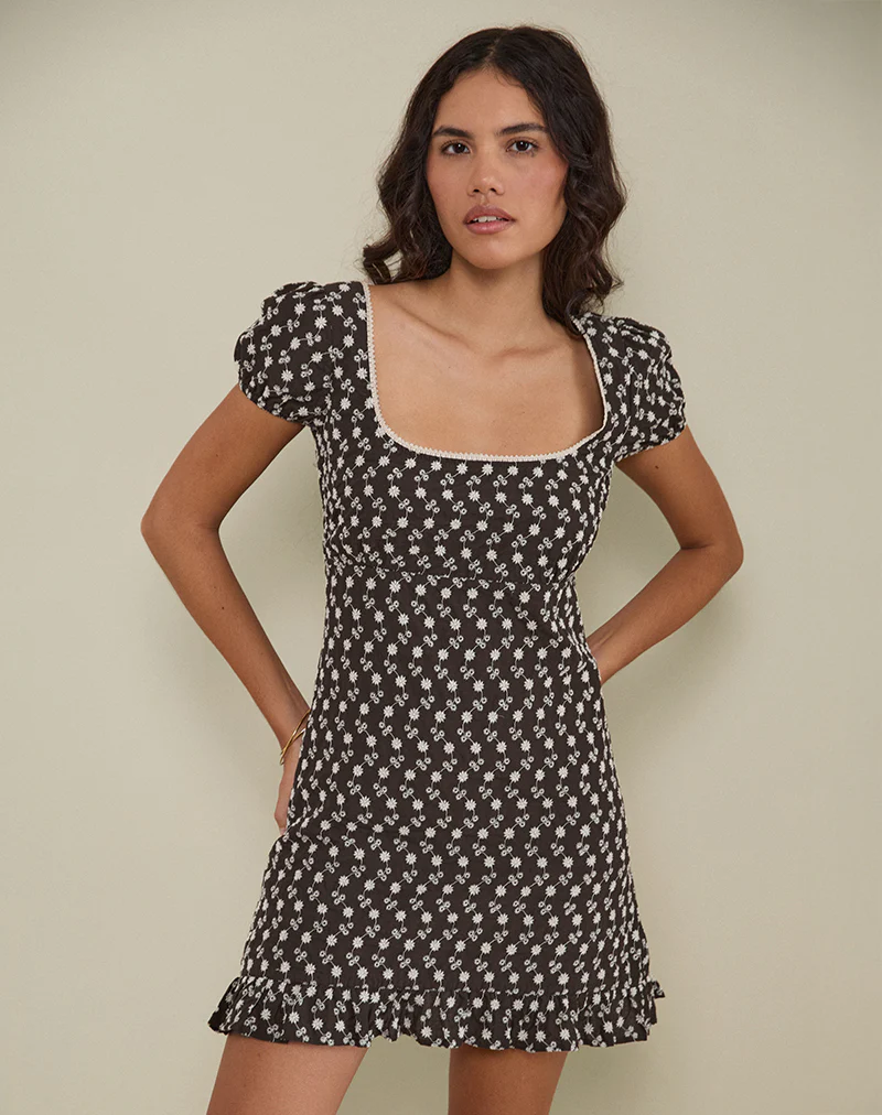 Bella Mini Tea Dress in Floral Broderie Brown - Image 4