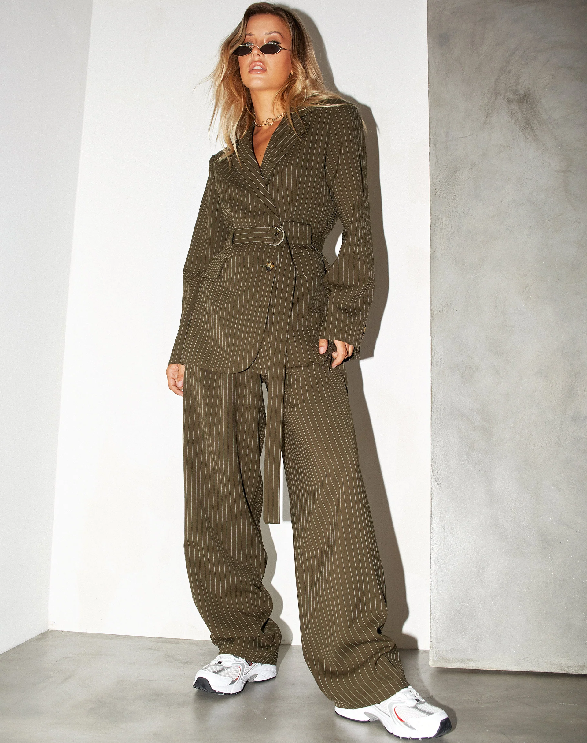 Belted Blazer in Pinstripe Khaki - Image 3