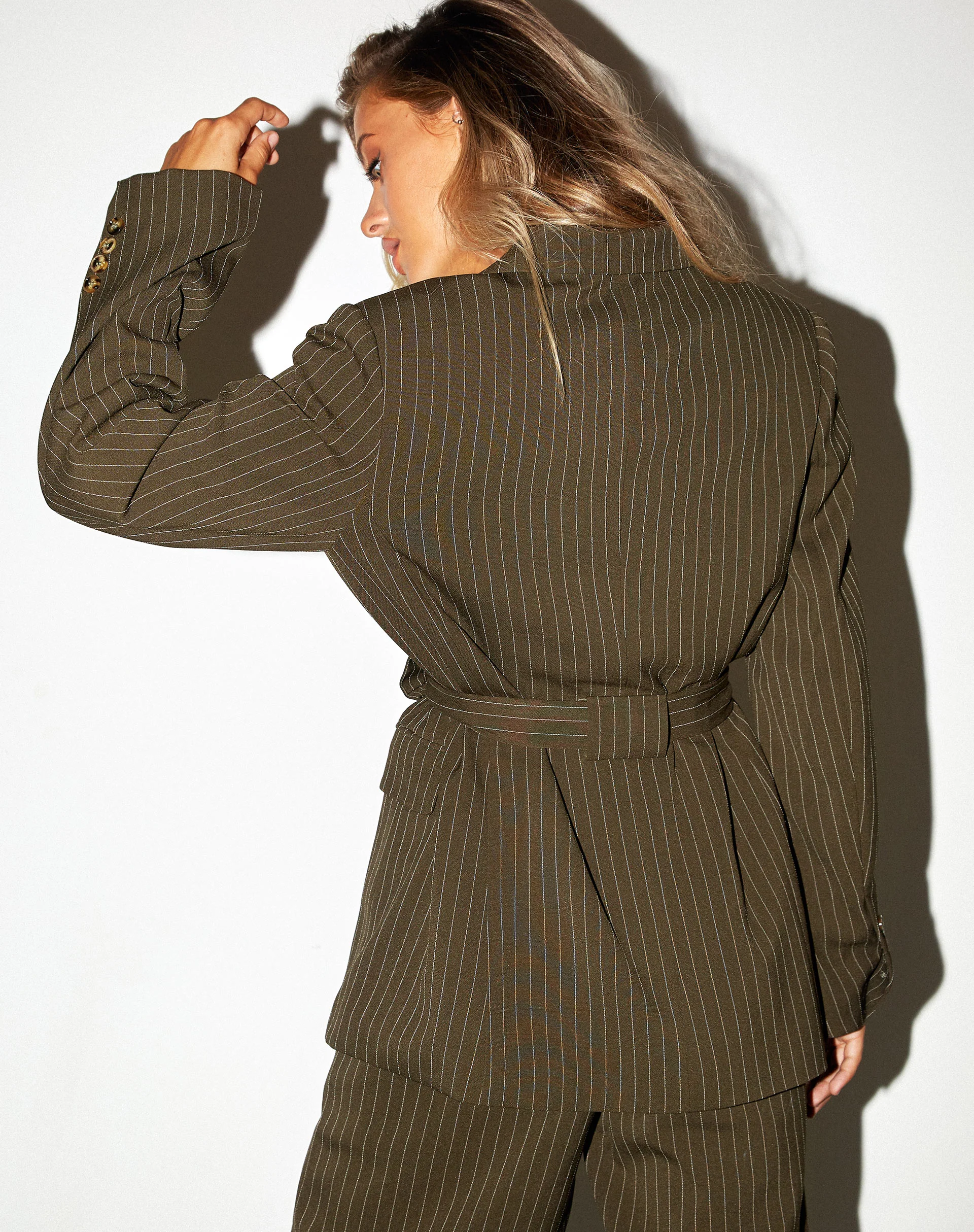 Belted Blazer in Pinstripe Khaki - Image 5