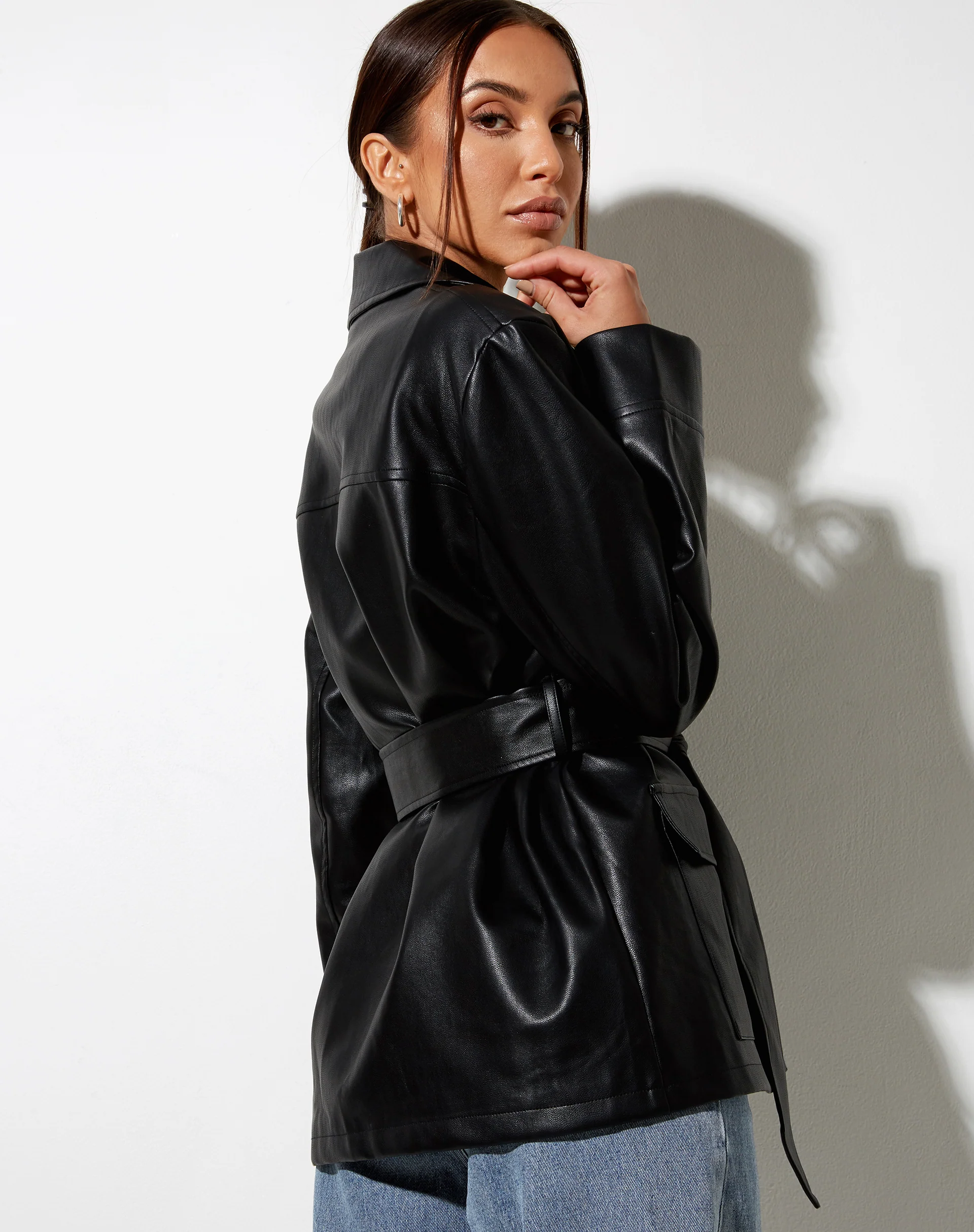 Belted Jacket in PU Black - Image 3