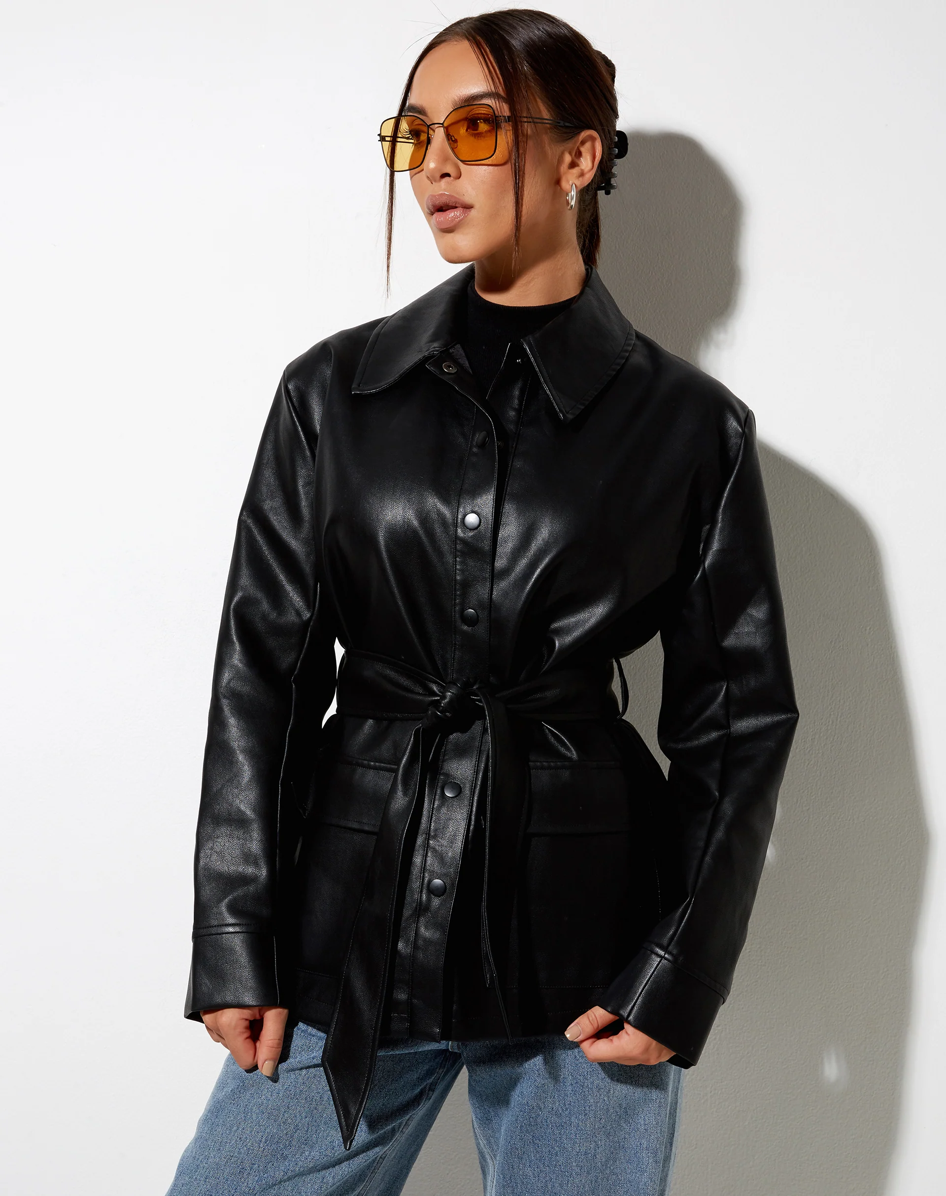 Belted Jacket in PU Black - Image 6