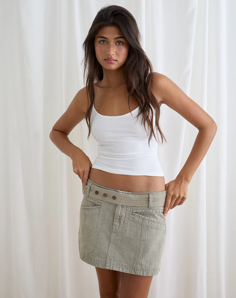 Belted Denim Mini Skirt in Oat - Image 4