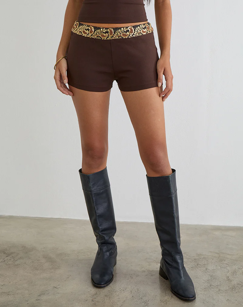 Belvani Mini Short in Brown with Embroidered Sequin Trim - Image 2