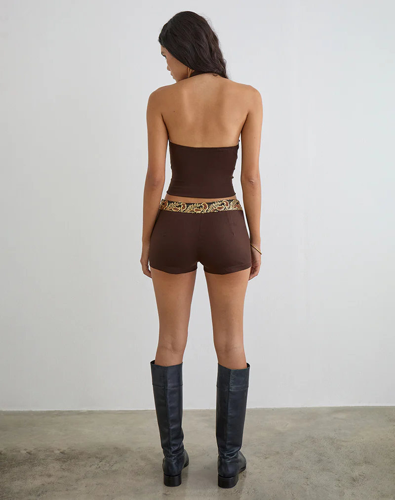 Belvani Mini Short in Brown with Embroidered Sequin Trim - Image 4