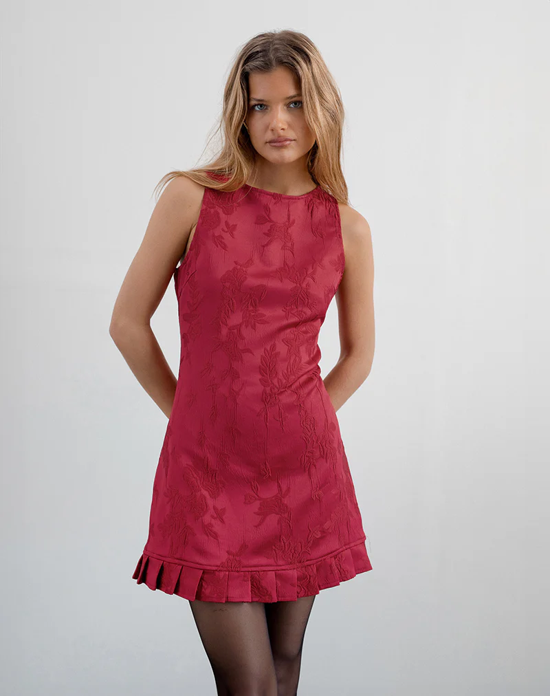 Benian Mini Dress in Satin Jacquard Red - Image 2