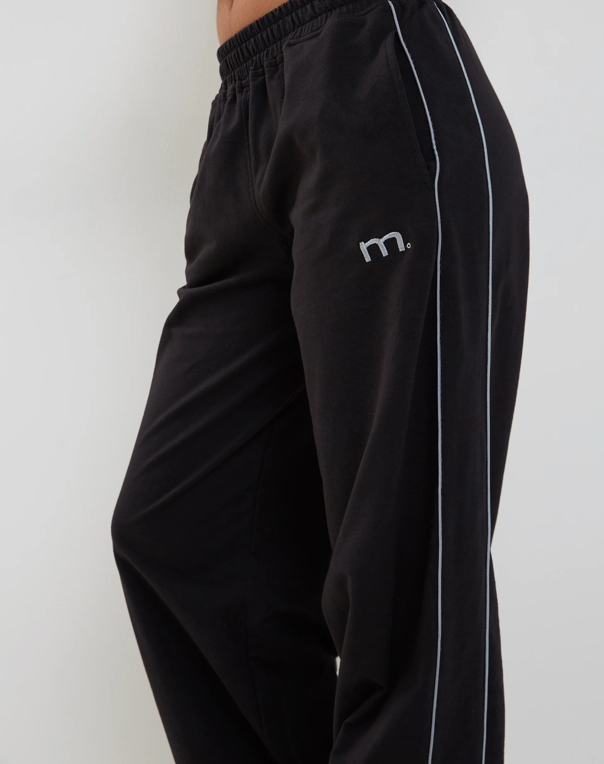 Benton Wide Leg Jogger in Black with Dark Grey Piping and 'M' Embroidery - Image 4
