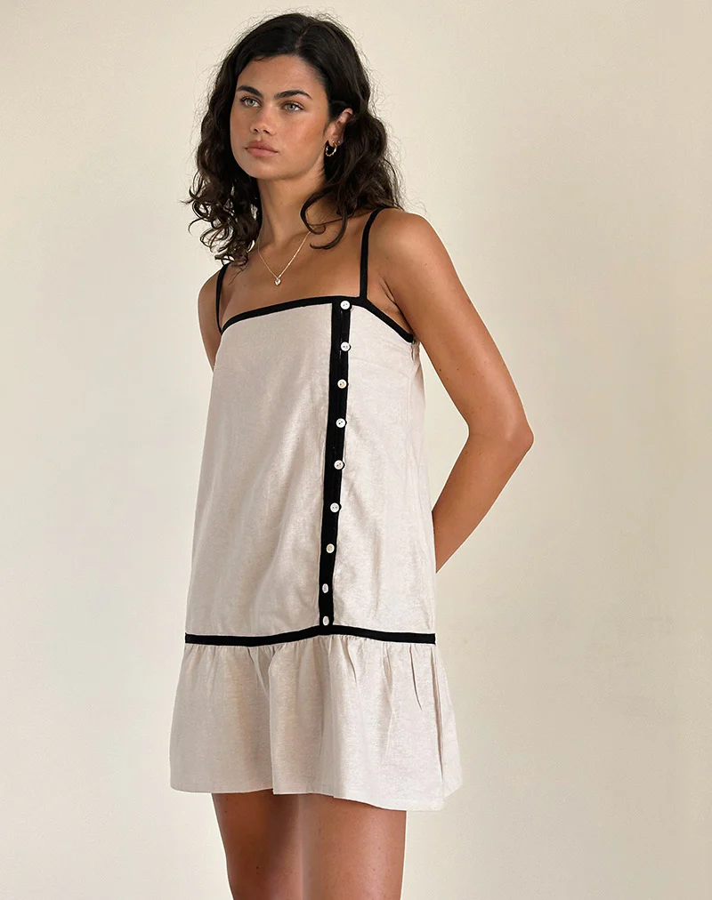 Berin Mini Tea Dress in Linen Ecru with Black Binding - Image 4