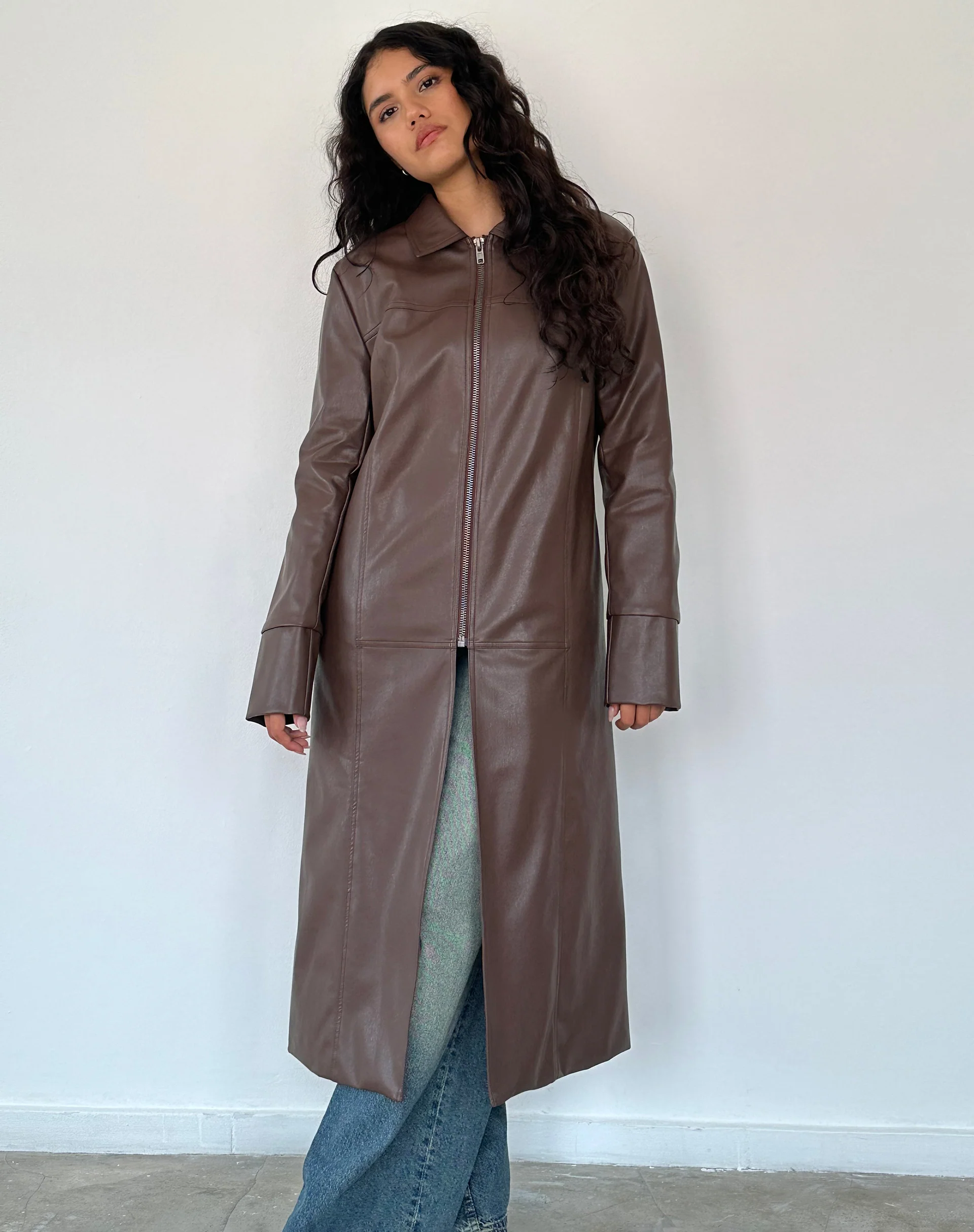 Berlin PU Trench Coat in Dark Brown - Image 2