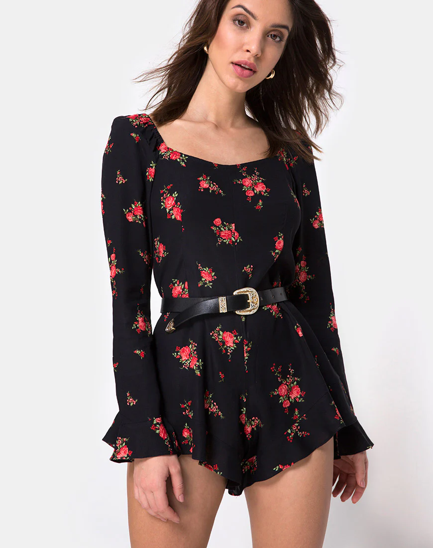 Berlo Longsleeve Playsuit in Soi Rose Black and Red - Image 3