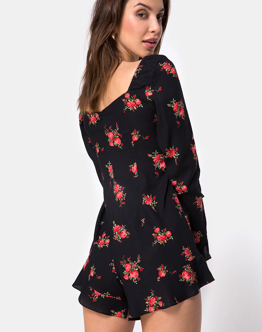 Berlo Longsleeve Playsuit in Soi Rose Black and Red - Image 4