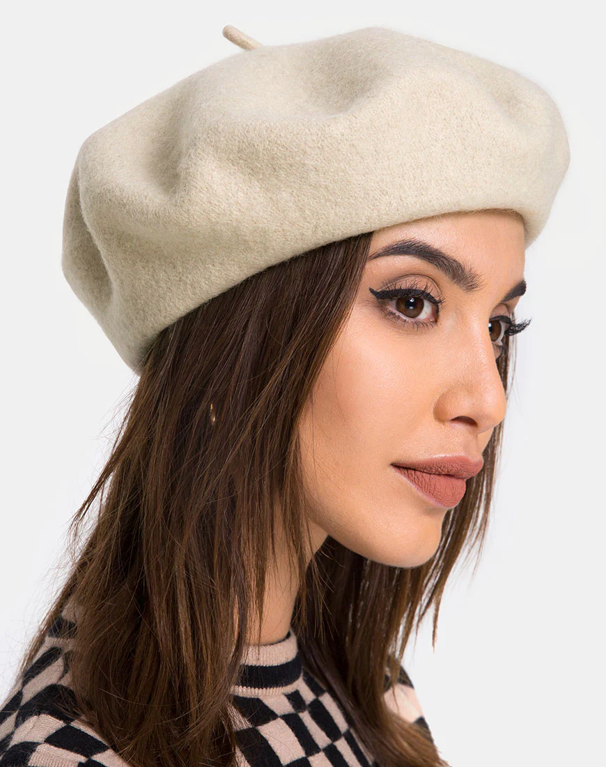 Wool Beret Hat in Taupe - Image 2