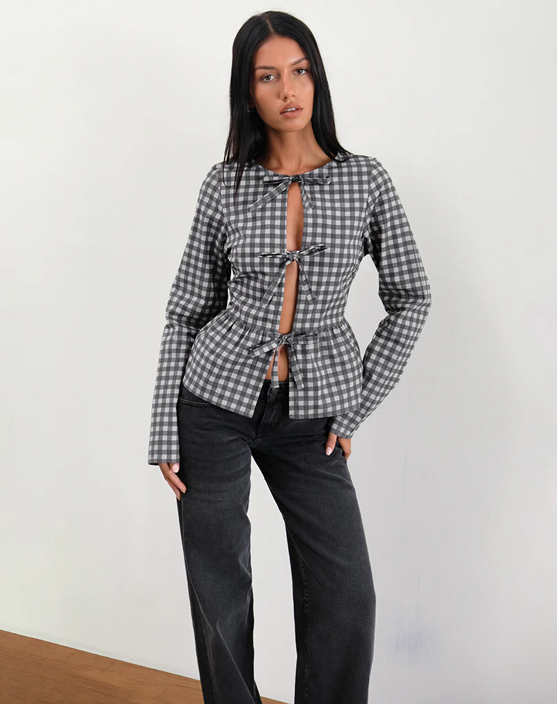 Bertaria Long Sleeve Top in Tonal Gingham Black and Grey - Image 2