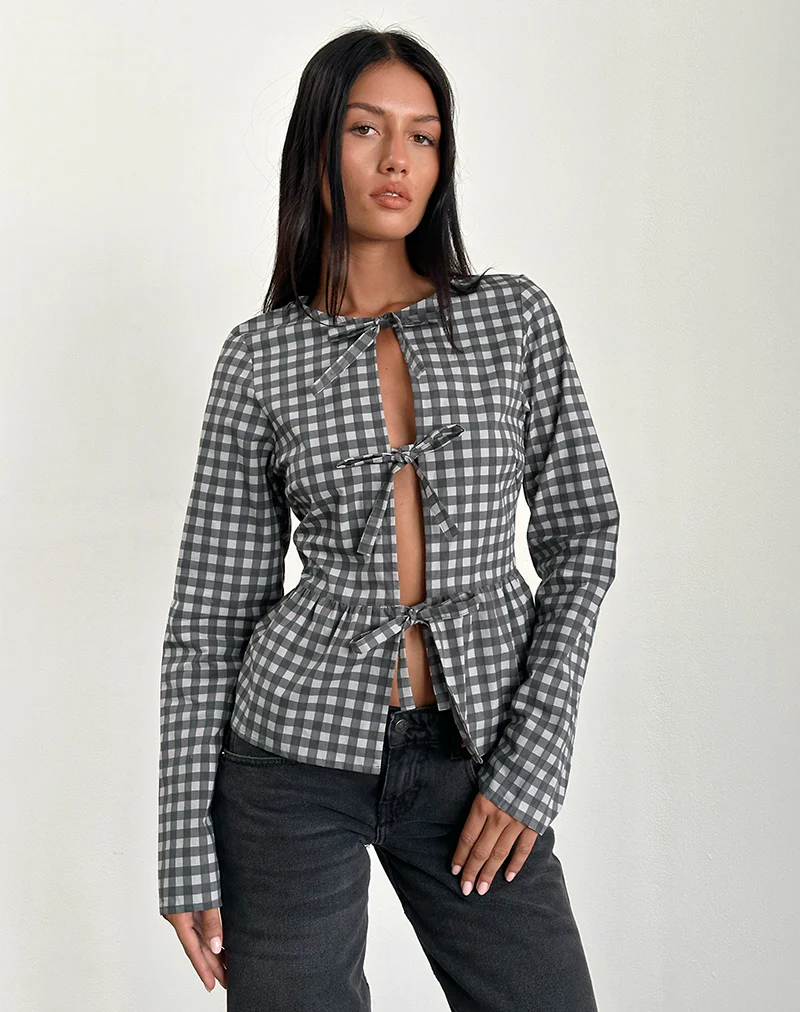 Bertaria Long Sleeve Top in Tonal Gingham Black and Grey - Image 3