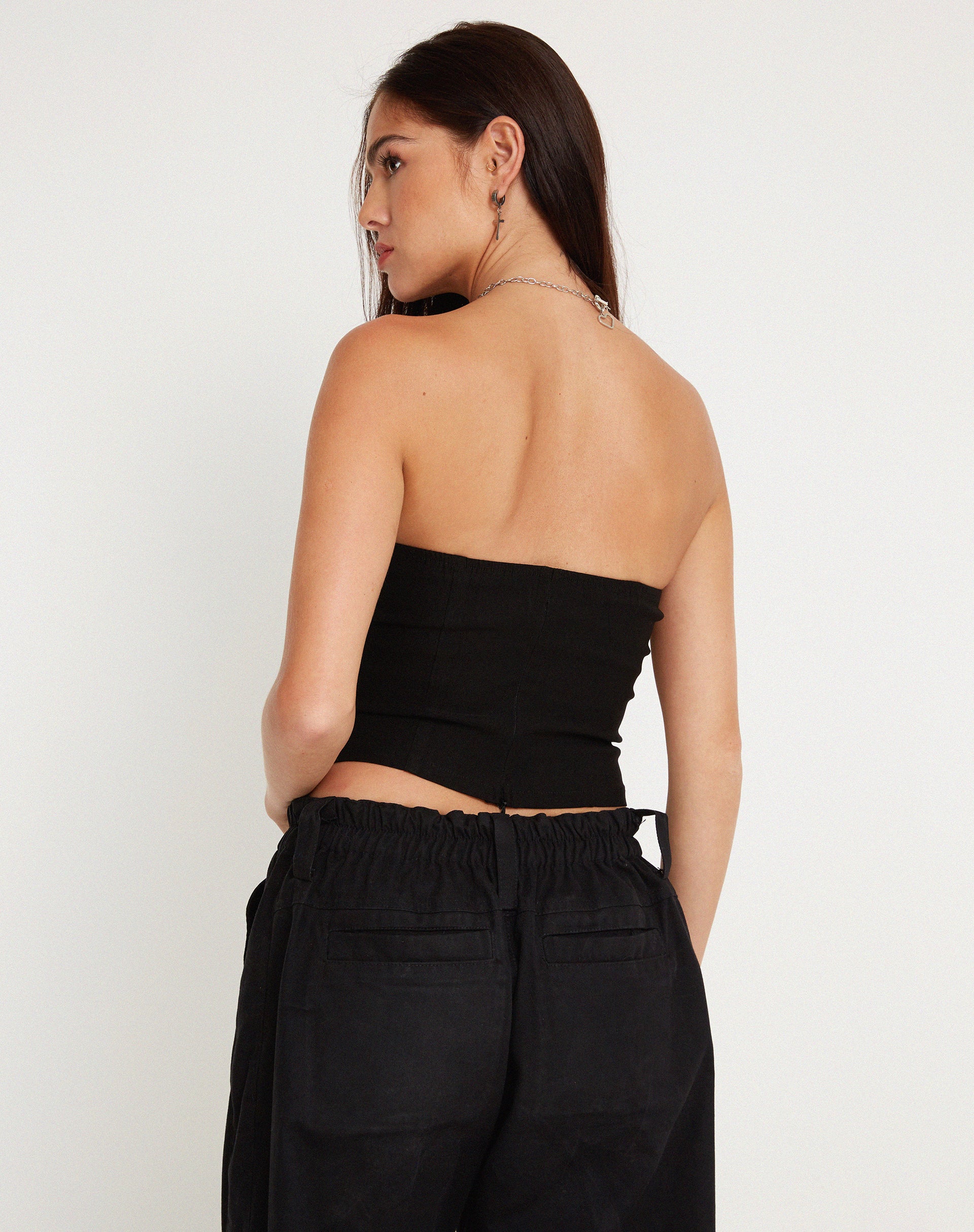 Bertha Strapless Crop Top in Black with Eyelet - Image 3