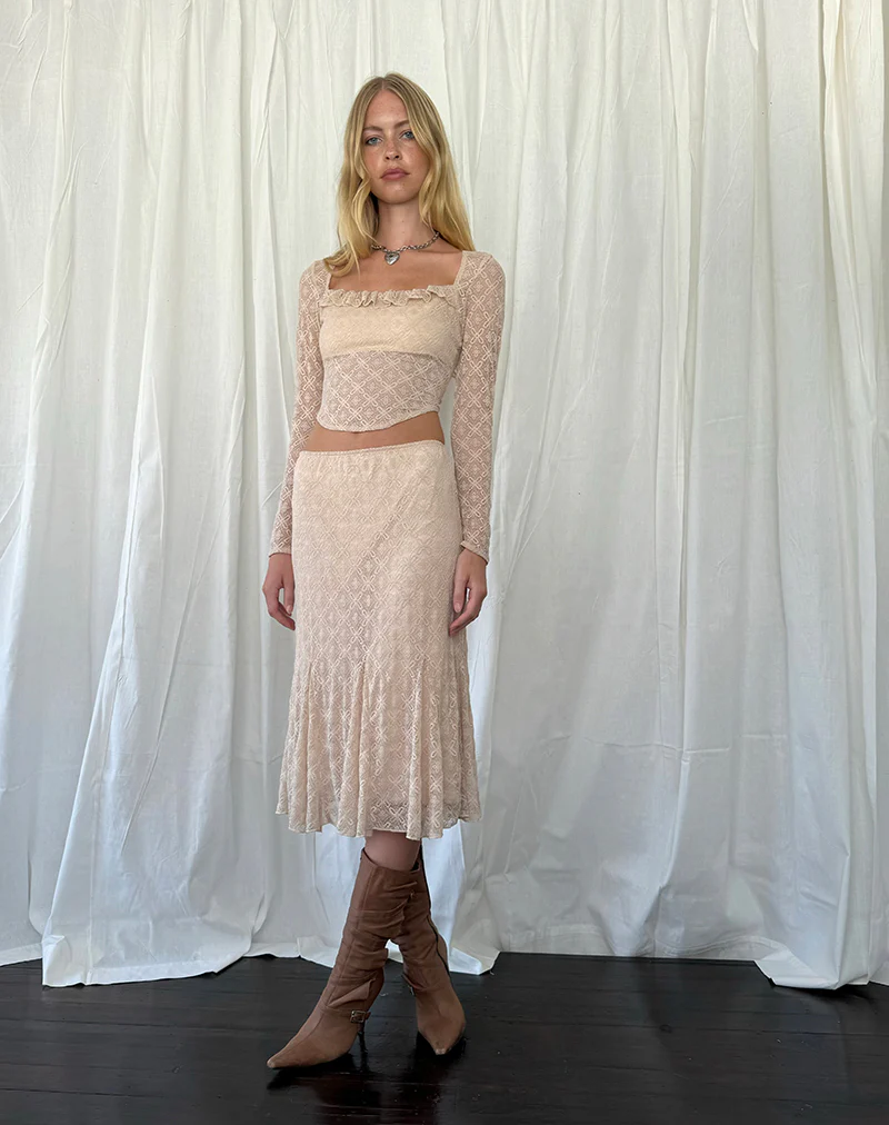 Betharia Frill Detail Midi Skirt in Nude Lace - Image 3