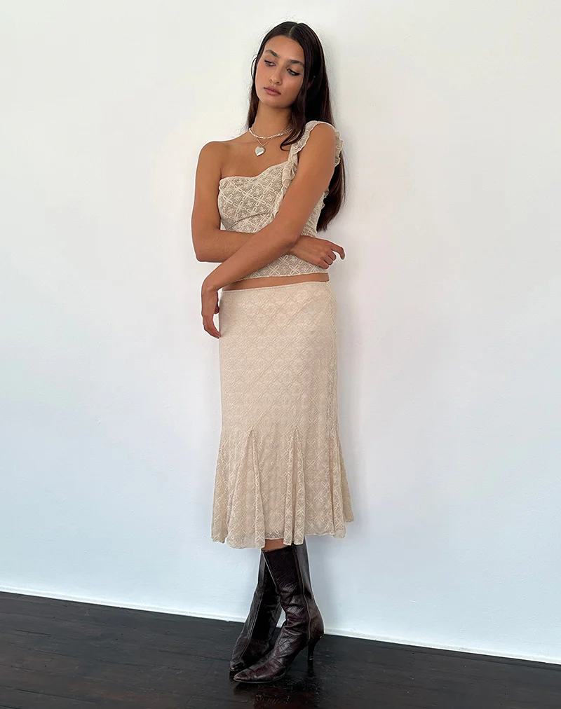 Betharia Frill Detail Midi Skirt in Nude Lace - Image 4