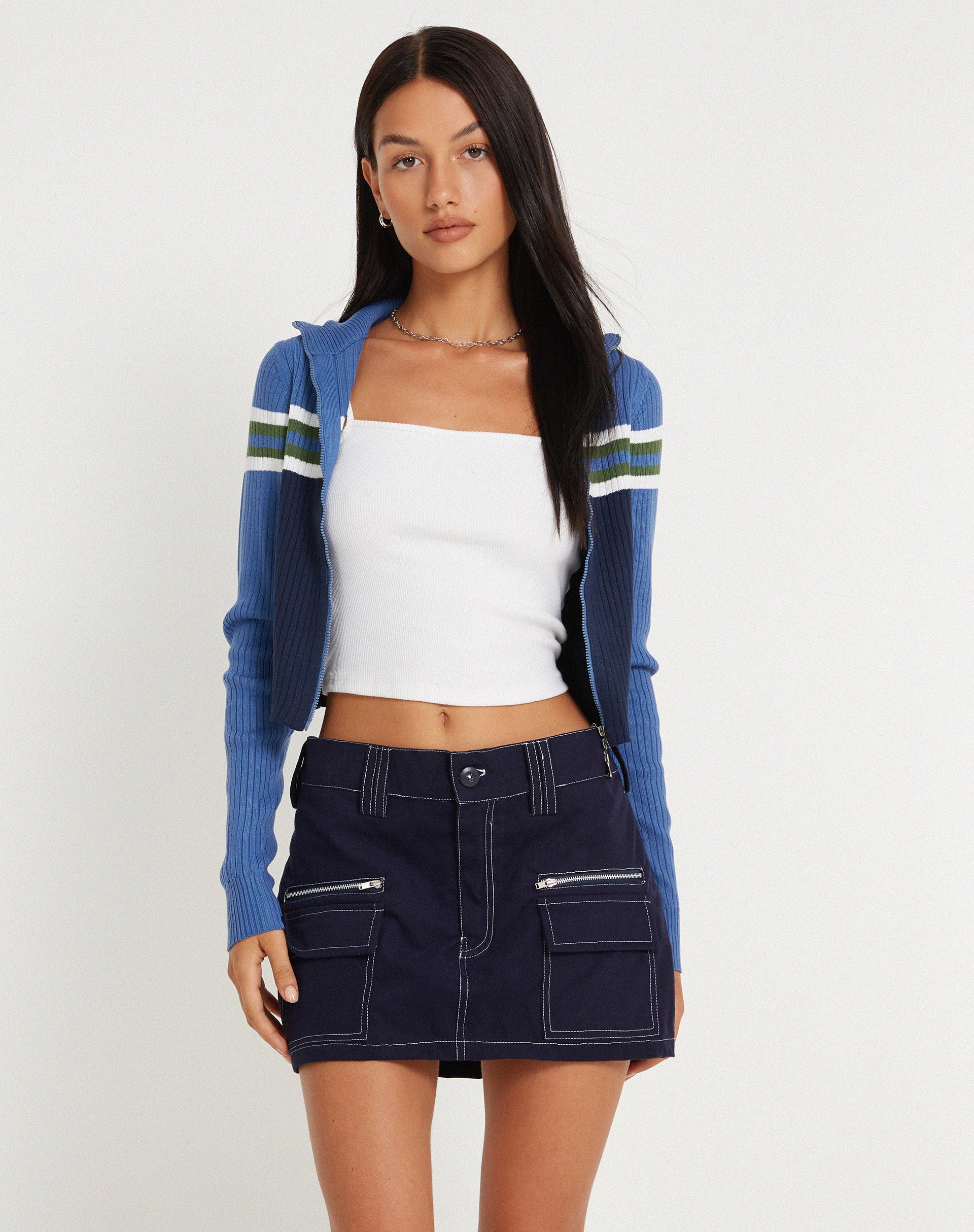 Betsy Mini Skirt in Navy with White Top Stitch - Image 6