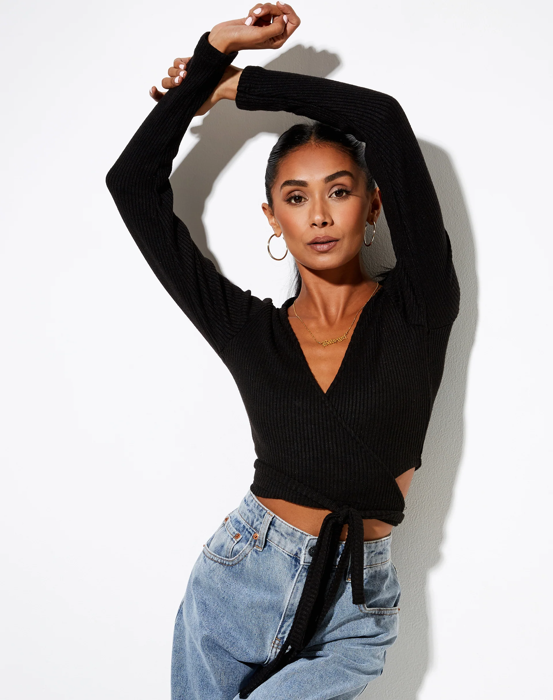 Bianca Wrap Top in Rib Black - Image 3