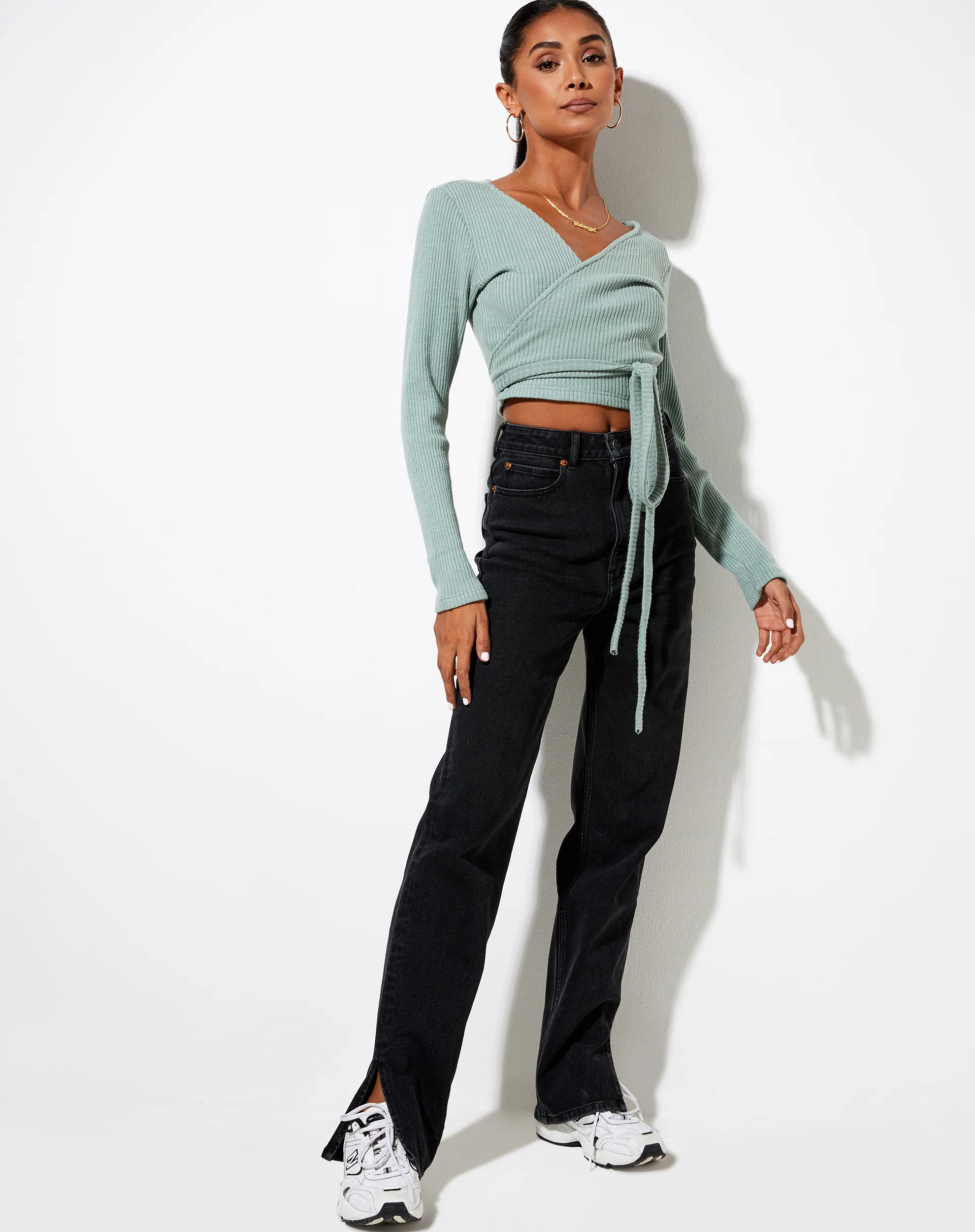 Bianca Wrap Top in Rib Olive - Image 3