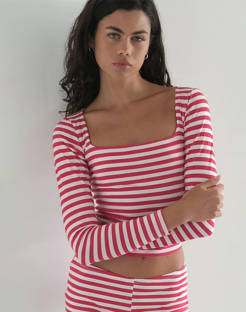 Biga Long Sleeve Top in Red and White Stripe - Image 2