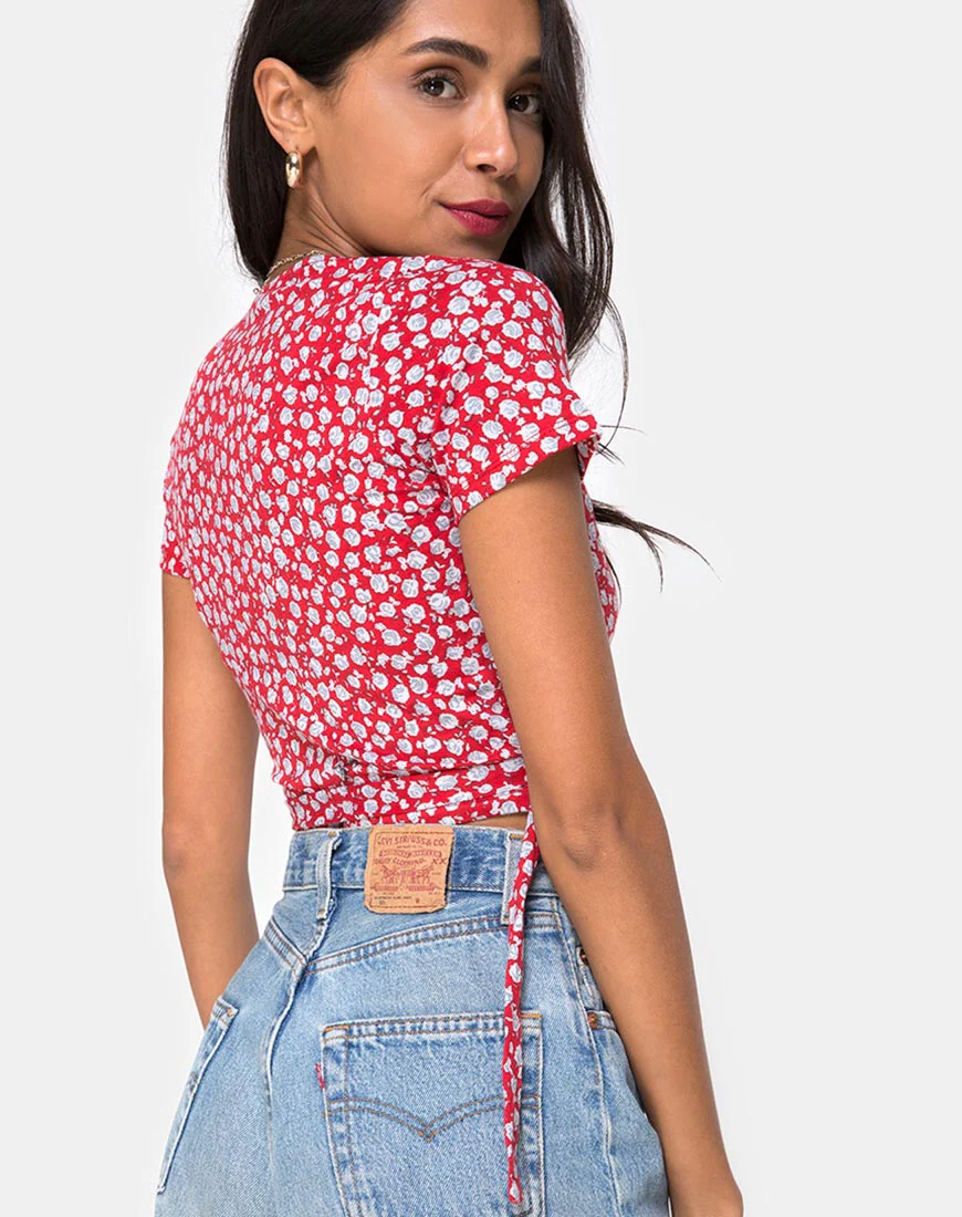 Bilen Top in Ditsy Rose Red and Silver - Image 4