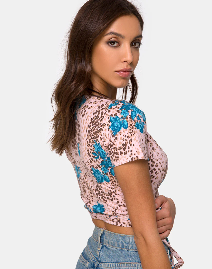 Bilen Crop Top in Jungle Flower Blue and Cream - Image 2