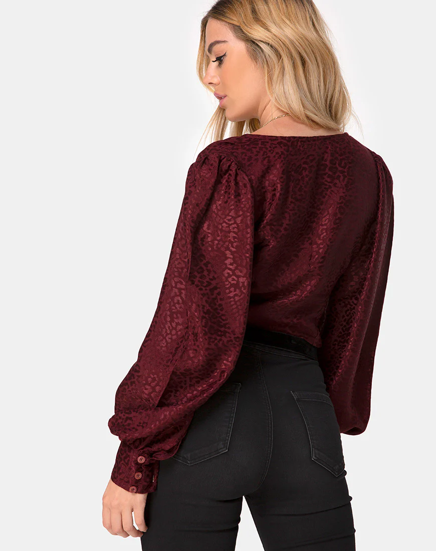 Bina Crop Top in Satin Cheetah Burgundy - Image 2