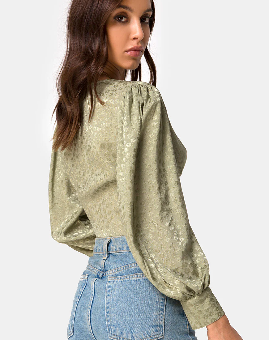 Bina Long sleeve Top in Satin Ditsy Rose Sage - Image 2