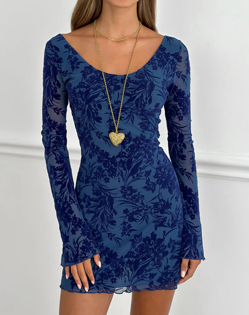 Bindara Mini Dress in Navy with Midnight Leaf Flock - Image 2